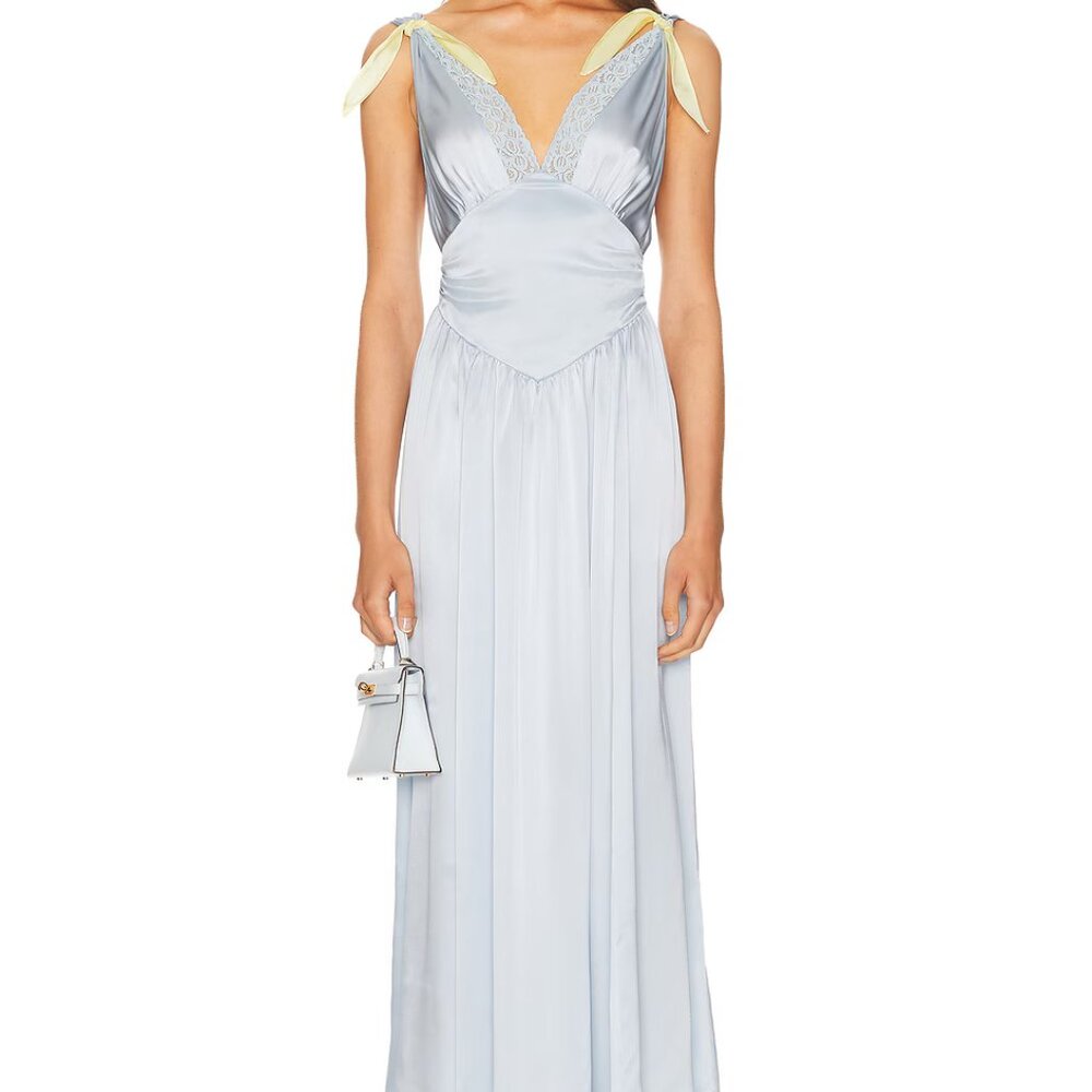 Hersa Pure Silk "Celeste" Light Blue Dress with Lace Bow Design